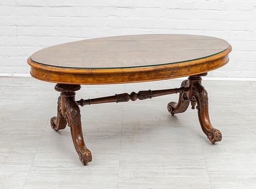 CARVED BURLED WALNUT  OVAL COFFEE TABLE H 20" W 27" L 46" 