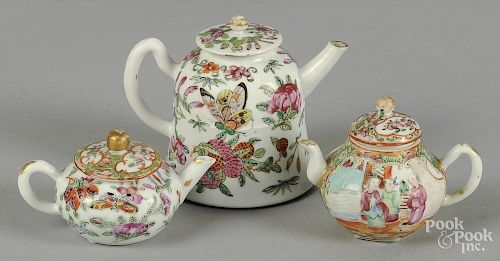 Three Chinese export porcelain famille rose small teapots, 19th c., tallest - 4''.