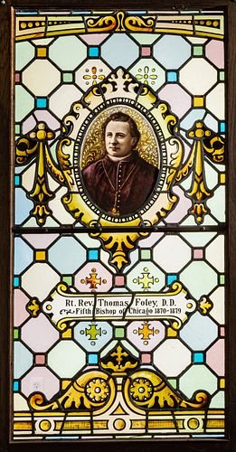 STAINED LEADED GLASS WINDOW PANEL, C. 1900,  AS IS, H 60", W 29.25", RT. REV. THOMAS FOLEY D.D. 