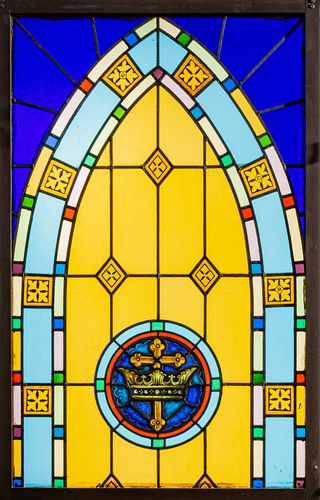 STAINED LEADED GLASS WINDOW PANEL, C. 1900, H 51.5", W 32"