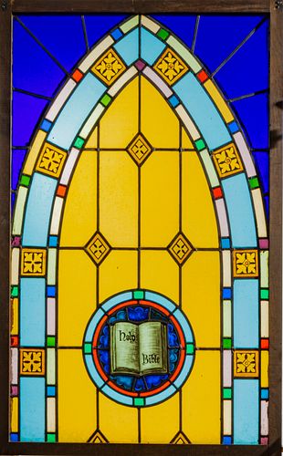 STAINED LEADED GLASS WINDOW PANEL, C. 1900, H 51.5", W 32" 