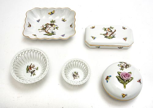 HEREND 'ROTHSCHILD BIRD' PORCELAIN BOXES & DISHES, 5 PCS, W 3"-7"