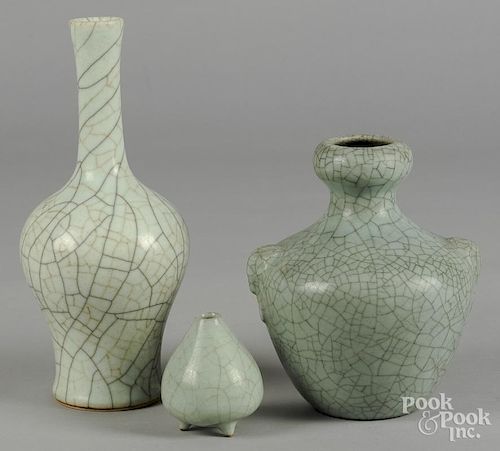 Three Chinese crackle glaze celadon vases, 3 3/4'' h., 8 1/2'' h. and 12 1/4'' h.