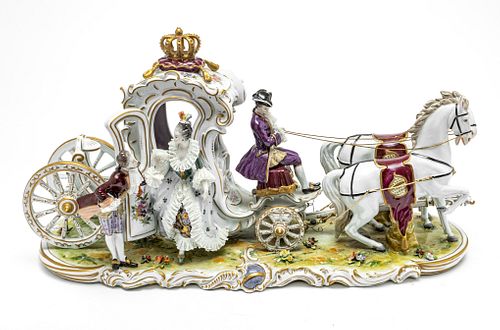 VOLKSTED GERMANY LARGE PORCELAIN CARRIAGE C 1950, H 12.5" L 25" 
