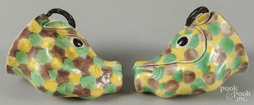 Pair of ox head porcelain stirrup cups, 4 3/4'' h.