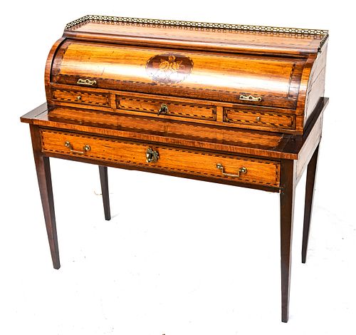 MAHOGANY AND ROSEWOOD MARQUETRY INLAID CYLINDER/ROLL TOP WRITING DESK, H 36", W 39", D 20.5" 