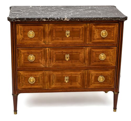 FRENCH DIRECTOIRE MAHOGANY MARBLE TOP THREE DRAWER CHEST, 19TH.C. H 34", W 37". D 18"