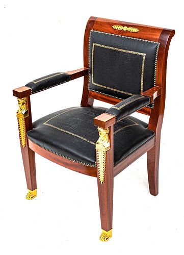 FRENCH EMPIRE STYLE MAHOGANY, BRONZE, AND BLACK LEATHER ARM CHAIR, H 38" W 25" D 23" 