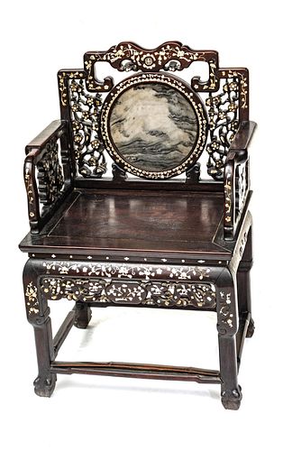 CHINESE ROSEWOOD, MARBLE & MOTHER OF PEARL INLAY CHAIR, C. 1900, H 39", W 24.5"