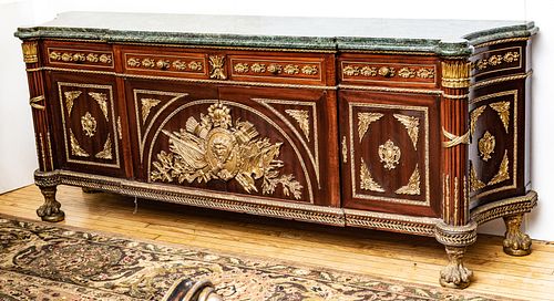 FRENCH MAHOGANY, LOUIS XVI STYLE BRONZE ORMOLU MOUNTED COMMODE, H 38", L 96", D 22" 
