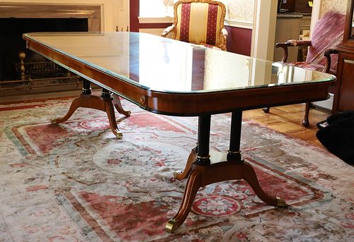 Neoclassical Style Carved Mahogany Dining Room Table With Beveled Glass Top, H 31'' W 44'' L 102''