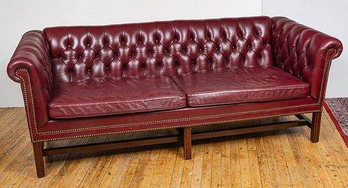 St. Timothy Red Leather Tufted Back Sofa, H 28'' L 78''