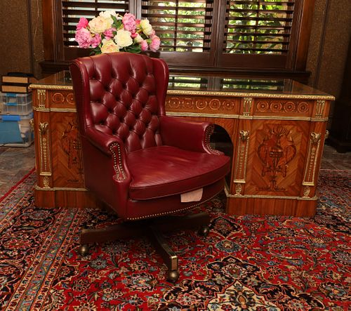 St. Timothy Red Leather Desk Chair, H 40'' W 28'' L 29''