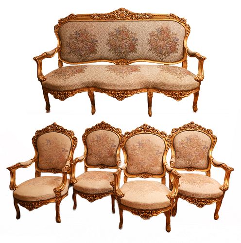 Louis XV Style Giltwood Carved Parlor Set, C. Settee, Four Chairs, 5 pcs