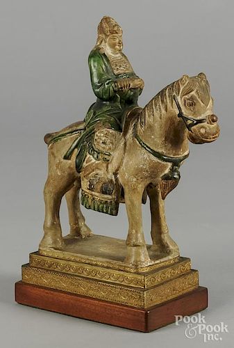 Chinese Ming dynasty sancai glaze pottery horse and rider, 10 1/4'' h.