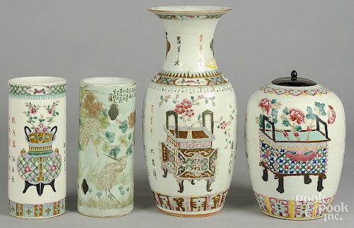 Chinese porcelain vase, together with a ginger jar and two hat stands, tallest - 17''.