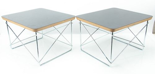 HERMAN MILLER (AMERICAN, EST. 1923), PAIR OF EAMES WIRE BASE TABLES WITH BLACK TOPS H 10", W 13.25" L 15.5"