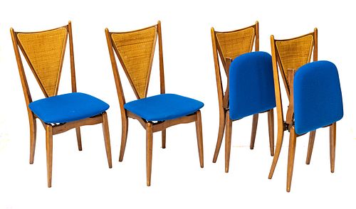 STAKMORE MODERN SET OF FOUR CARVED WOOD AND CANE BACK FOLDING CHAIRS, H 36" W 17" 