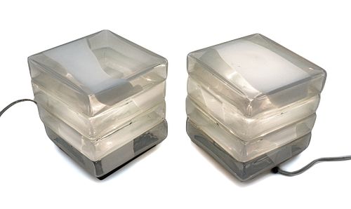 Carlo Nason (Italian, B. 1935) For Mazzega, Mid Century Stacked Murano Glass 'Cube' Lamps, C. 1970, H 7'' W 6.25'' 1 Pair