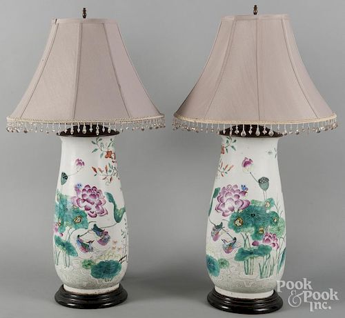 Pair of Chinese famille rose porcelain table lamps, 19th c., 17 1/4'' h.