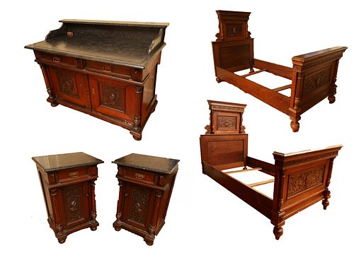 Austrian Carved Walnut Twin Beds (2), Night Stands (2), Console, Mirror C. 19th Century, 6 pcs