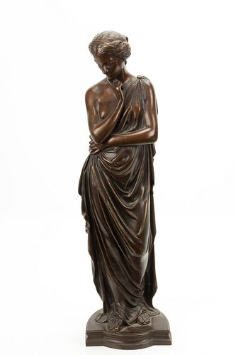 FRENCH CLASSICAL BRONZE SCULPTURE, STANDING ALLEGORICAL FIGURE 19TH.C. H 17" WITH BASE