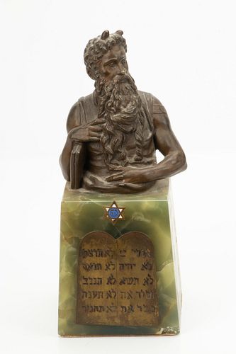 RUFFINO BESSERDICH (AUSTRIAN, 1858-1915), BRONZE ON GREEN ONYX BASE, H 10", W 4", BUST OF MOSES 