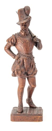 CHARLES CLIVIER, FRENCH CARVED OAK CAVALIER SCULPTURE, 1887 H 25", W 7" 