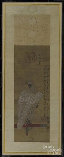Chinese watercolor scroll of a hawk, 39 1/4'' x 14 1/4''.