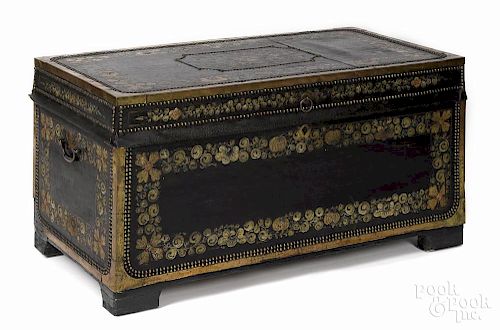 China Trade painted leather trunk, mid 19th c., with original maker's label on interior
