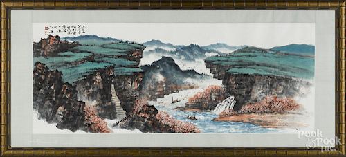 Monumental Chinese watercolor landscape, signed Shi Lou, 28'' x 72''.