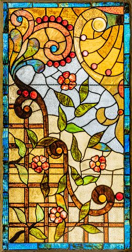 FLORAL AND SCROLLING LEAF JEWELED LEADED GLASS WINDOW, 1900 H 46", W 24" 