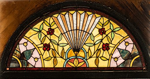 LEADED AND STAINED GLASS TRANSOM WINDOW, 1900 H 18", W 40"