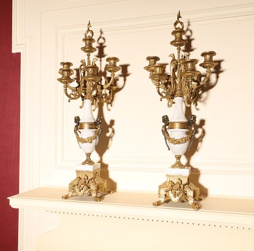 Pair Of Louis XVI Bronze And Carved White Marble Candelabra, H 27.5''