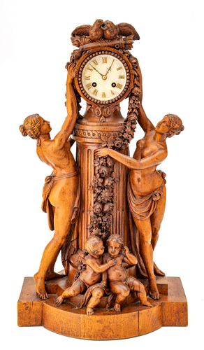 E. Prost, (French) Carved Walnut Figural Mantle Clock C. 1897, H 24'' W 14'' Depth 9''