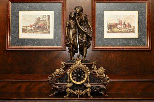 Spelter With Bronze Patina Figural Mantle Clock, H 24'' L 17'' Depth 6.25''