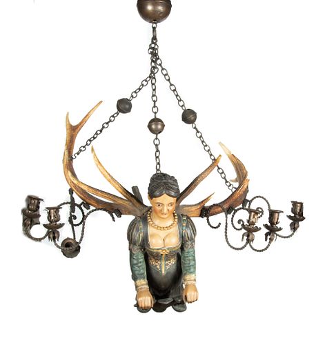 AUSTRIAN/GERMAN CARVED POLYCHROMED WOOD AND ANTLER "LUSTERWEIBCHEN" CHANDELIER, C 1900 H 40" DIA 38" 