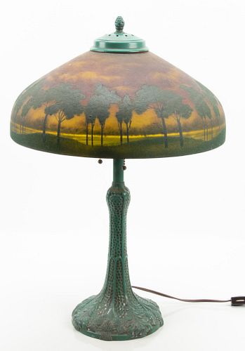 ATTRIBUTED TO HANDEL PATINATED METAL, PAINTED AND TEXTURED GLASS SHADE TABLE LAMP C 1900 H 21", DIA 14"