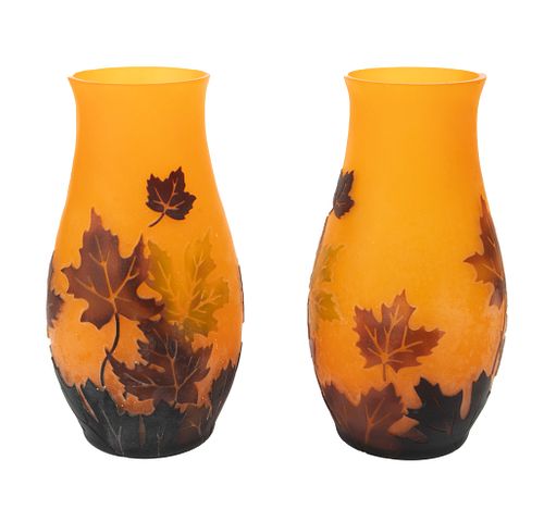 FRENCH CAMEO GLASS CARVED VASES, PAIR H 8 1/2" 