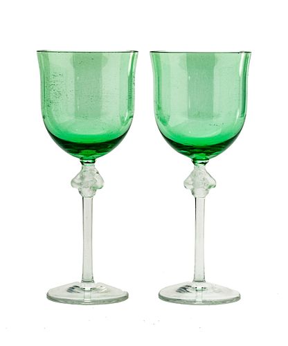 LALIQUE, FRANCE GREEN AND CLEAR WINE GLASSES, TWO H 8 1/2" "ROXANA" 