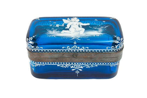 MARY GREGORY BLUE CRYSTAL AND ENAMEL HINGED BOX, 19TH.C. H 3.7" W 6.5" D 3.5" ANGEL MOTIF 