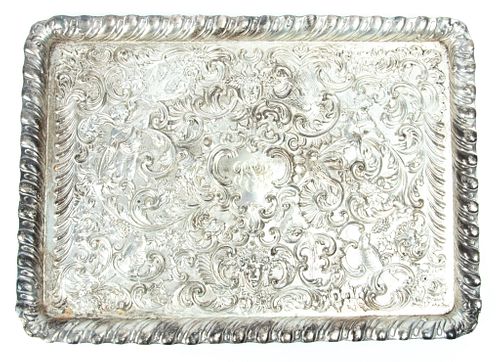 WILLIAM CHAWNER, LONDON STERLING SILVER REPOUSSE TRAY 1823, 16.1TR OZ. W 10" L 13.7,    