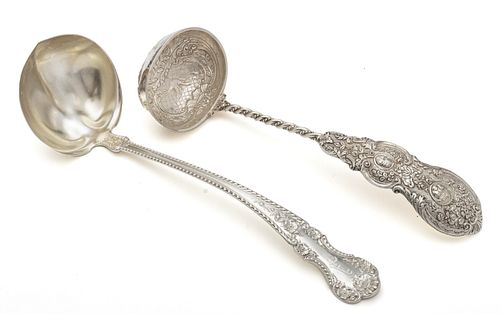 STERLING SILVER SOUP/PUNCH LADLES, TWO L 11", 12" 