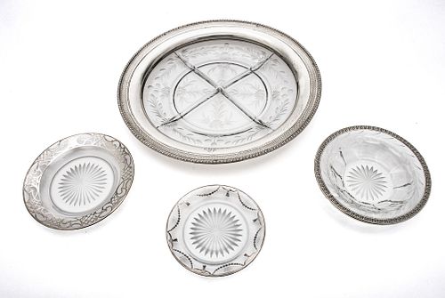 STERLING SILVER & CRYSTAL TRAY, + 3 STERLING OVERLAY DISHES, C. 1940, 4 PCS. DIA 10", 6" 