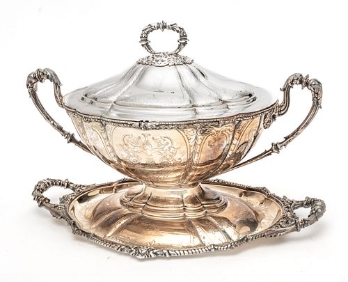 MARTIN HALL & CO. BIRMINGHAM, ENGLISH SILVERPLATED COVERED TUREEN, C 1875 H 13" W 13" L 19.5" 
