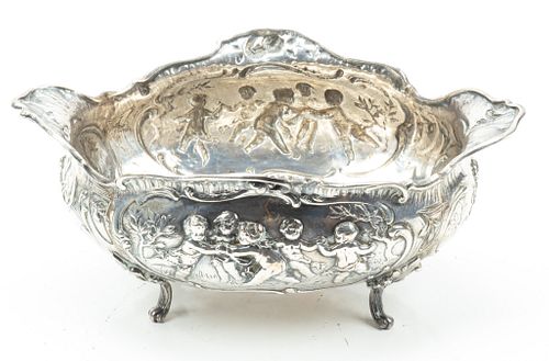 SILVER FOOTED OVAL BOWL, REPOUSSE  H 3" W 5" L 8" 