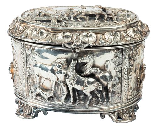 Sterling Silver "925" Jewel Box, Raised Figures Of Horses C. 1900, H 4'' W 5'' L 6''