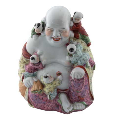 CHINESE PORCELAIN LAUGHING BUDDHA WITH CHILDREN H 9" W 7" 