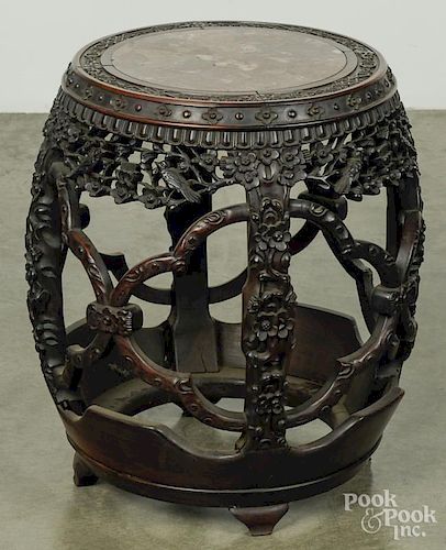 Chinese carved hardwood marble top stand, late 19th c., 20 1/2'' h.