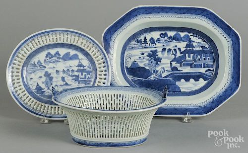 Chinese export reticulated basket and undertray, 19th c., together with a serving dish, 5 1/4'' h.